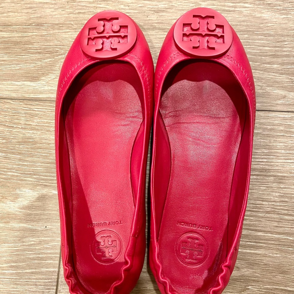 Tory Burch Minnie Travel Ballet Flats Neon Pink Leather Signature Logo Size 6.5